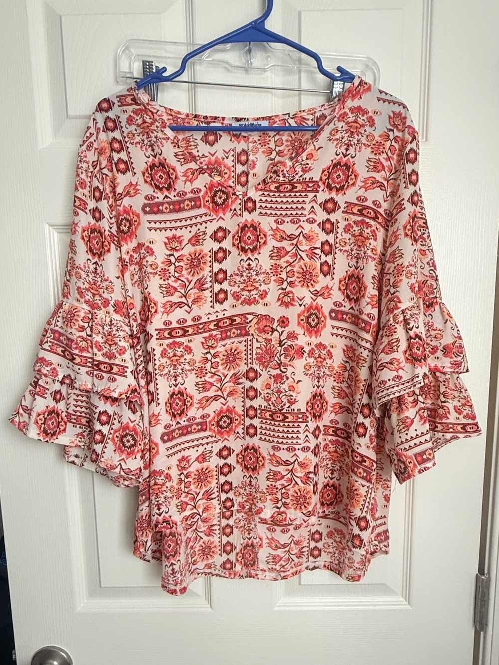 Boho Red Floral Ruffle-Sleeve Tunic